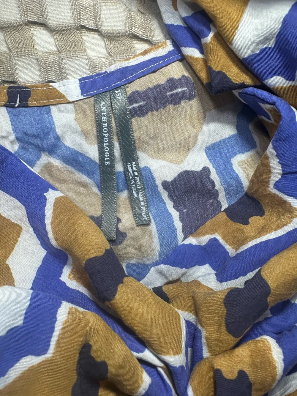 Anthropologie Patterned Cut Out Puff-Sleeve Maxi Dress in Mustard & Blue XSP - Picture 5 of 8
